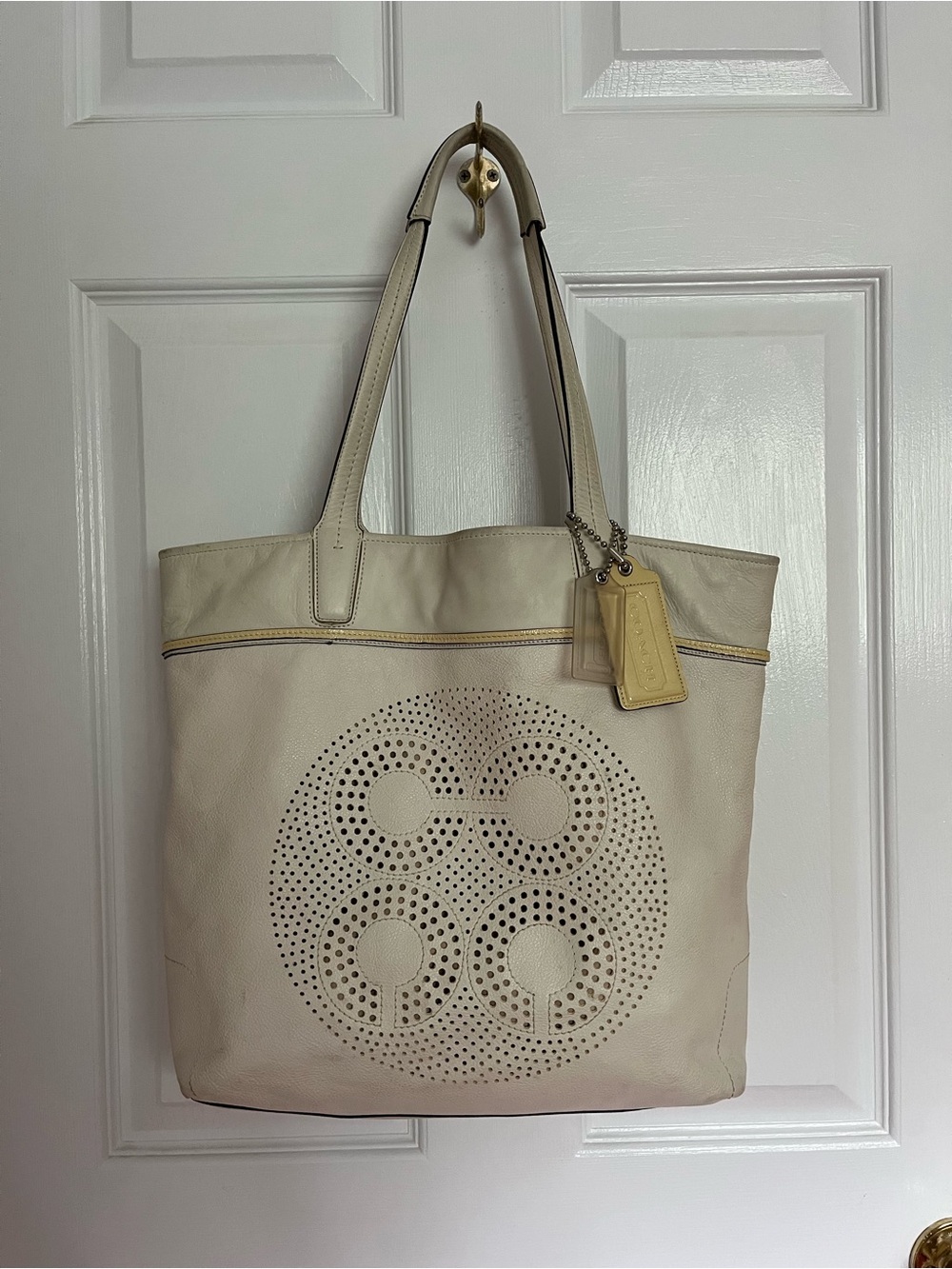 Coach Audrey Leigh Laser Cut Perforated Ivory Leather Tote
